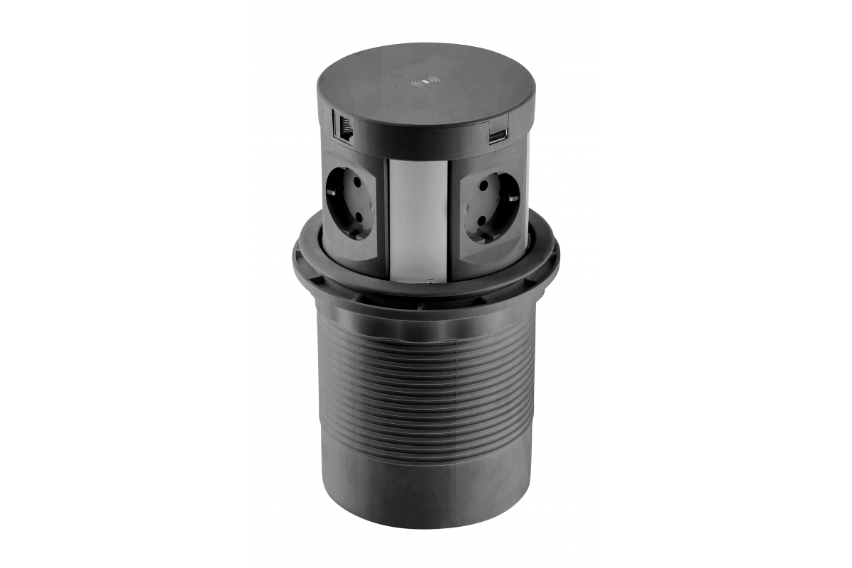 Rejtett dugalj COMFORT PLUS, Ø120 mm, 4x230V, 2xUSB-A 3.1A, 2xRJ45, induktív töltő 5 W, 1,5 m kábel, fekete