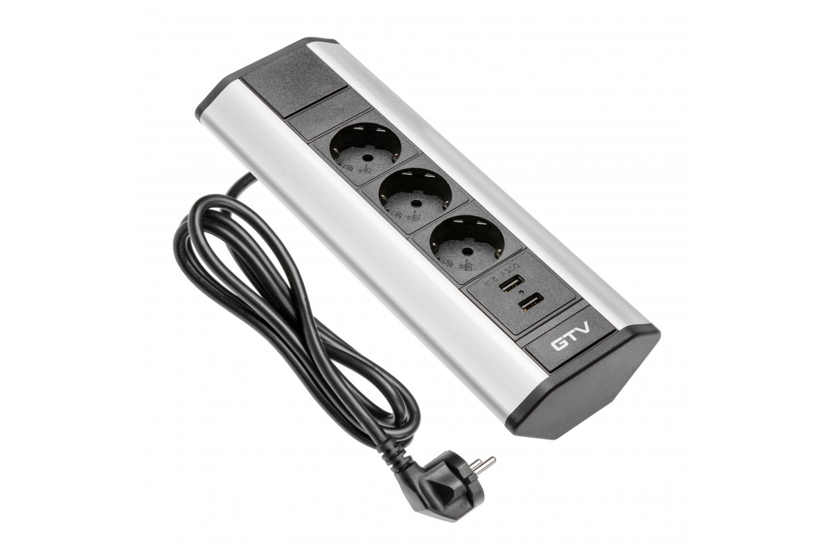 Hosszabbító kábel 3x230V, 2xUSB-A 2.1A, alumínium