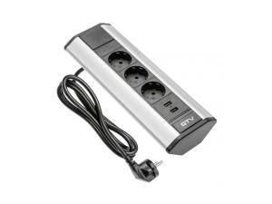 Hosszabbító kábel 3x230V, 2xUSB-A 2.1A, alumínium